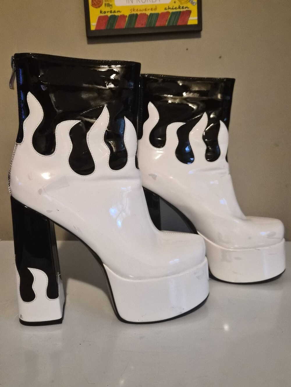 White & Black Flame Platform Heels
